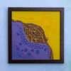 Framed abstract art with a yellow background and swirling sun. A textured brown cliff divides the scene from a purple, dotted sea. Bold and vibrant mood. Buy Breathtaking modern artistic texture paintings
