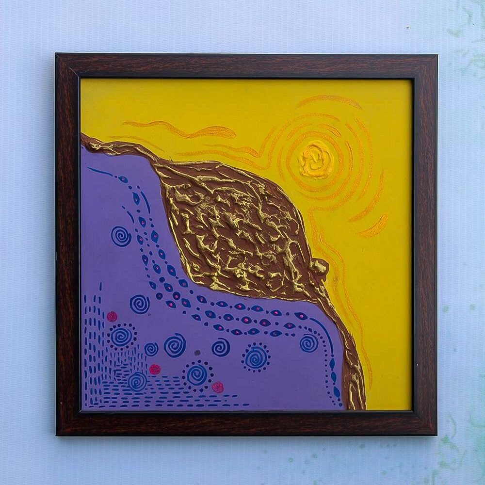 Framed abstract art with a yellow background and swirling sun. A textured brown cliff divides the scene from a purple, dotted sea. Bold and vibrant mood. Buy Breathtaking modern artistic texture paintings