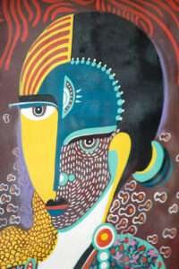 Colorful abstract painting of a person with a divided face in blue, yellow, and brown tones, featuring intricate patterns and bold outlines.