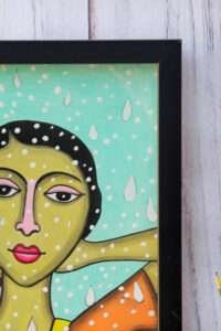Colorful painting of a contemplative woman with green skin, red lips, and short black hair, set against a teal background with falling white raindrops.