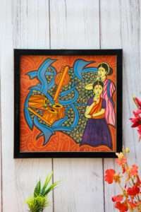 Framed music themed painting depicting two women in traditional attire with a drum. Vibrant orange background with blue patterns enhances the cultural theme.