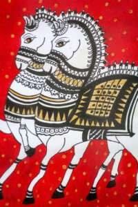 Traditional Indian folk art depicting two intricately decorated horses. They have bold black and gold patterns on a vibrant red background with yellow dots.