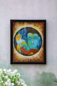 Colorful gautam buddha canvas painting depicting a serene Buddha holding a white lotus, with a blue-green face and vibrant red and orange background. Encircled by a black frame.