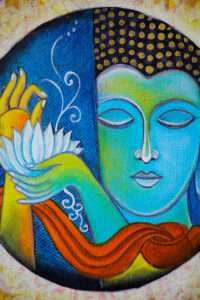Abstract painting of a peaceful buddha with closed eyes, blue and green hues, holding a white lotus. A serene, meditative tone with flowing red and orange fabric.