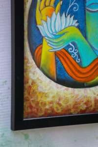 A vibrant painting in a black frame depicts a buddha with teal skin holding a white lotus. The background is a mix of blue, red, and gold swirls.