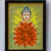 Framed unique buddha painting of a serene Buddha face above large red-orange lotus petals on a textured yellow-green background, conveying peace and spirituality.