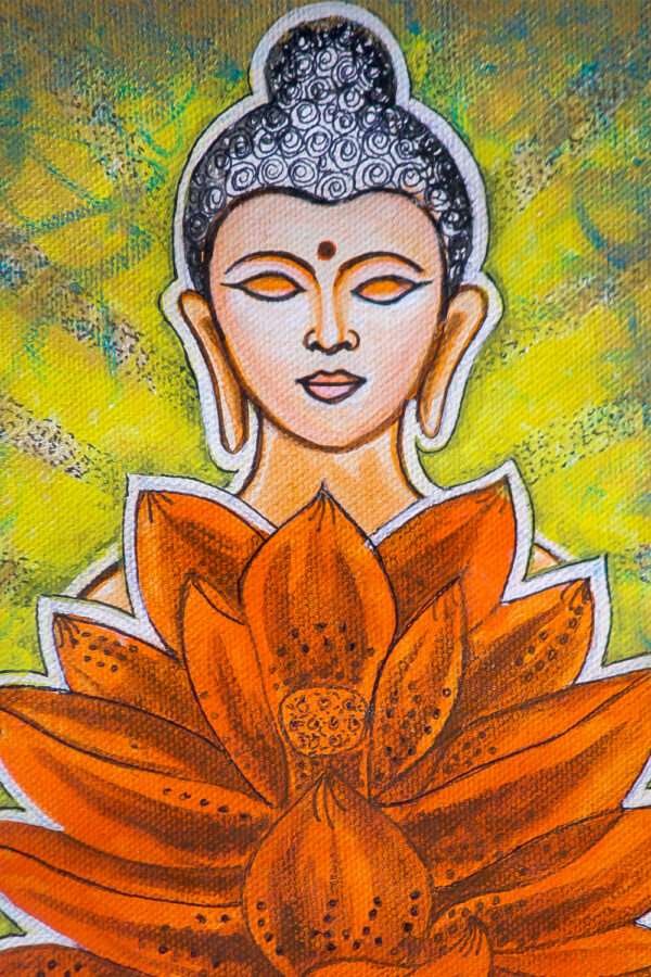 Painting of a serene Buddha with closed eyes, surrounded by vibrant orange lotus petals. The background is a textured blend of green and yellow.