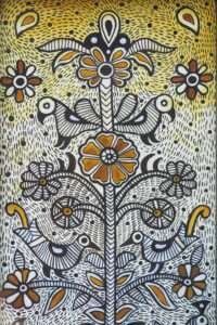 Close-up of Madhubani painting on canvas, emphasizing intricate details and vibrant color contrasts in the folk art style.