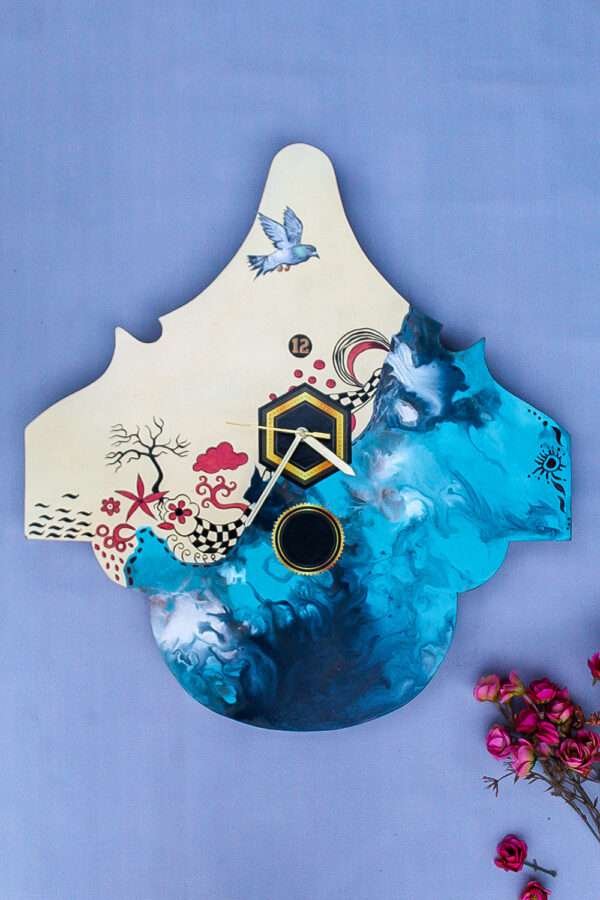 Modern Wooden Wall Clock With Artistic Shape & Fluid Art