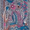 Intricate abstract art with vibrant colors and patterns. Features a bird-like figure adorned with pink and blue geometric shapes, conveying a lively, whimsical tone.