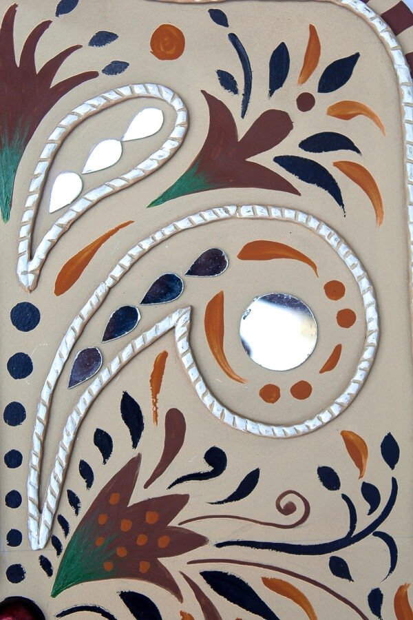 Unique handmade 3D wooden texture painting with hand-carved details, clay embossing, and mixed media elements like stones and pearls